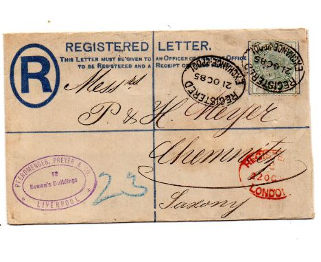 1858 2d reg envelope Liverpool to Saxony uprated with 5d SG198 Pferdmenges-Preyer & Co. perfin with PP cachet, London Reg tra