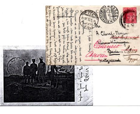 India 1913 PPC depicting hunters and native guides beside a shot crocodile, bearing one anna Ed7 cds, sent to Basel, Switzerl