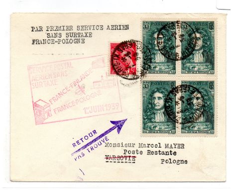 France 1939 Air cover for first flight France – Poland bearing block of 4 55c plus 5c stamps cds Paris with box cachet in red