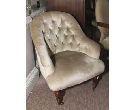 A 20th century Victorian style button back tub chair, 83cm H, 66cm W, 56cm D, with light silk upholstery 