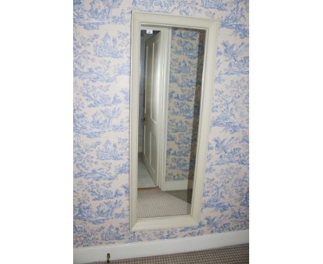 A contemporary wall mounted portrait mirror with white painted surround, 155cm H, 56cm W
