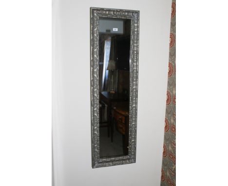 A wall mounted portrait mirror, 135cm H, 41cm W, with silver moulded frame