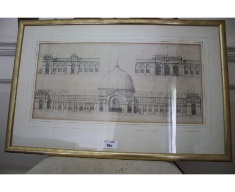 A circa 1900 monochrome print of the International Exhibition 1862 in brushed gilt frame, 41cm x 64cm  