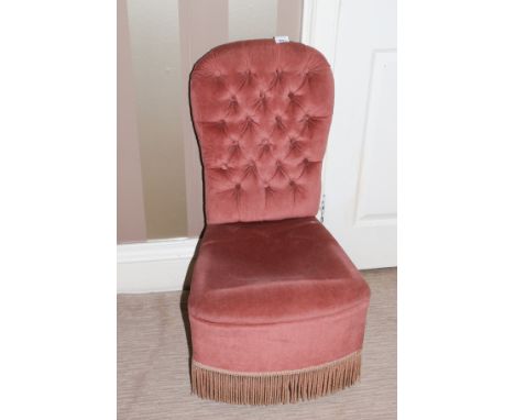 An early to mid 20th century button back salmon pink upholstered single chair, 87cm H, 49cm W, 43cm D 