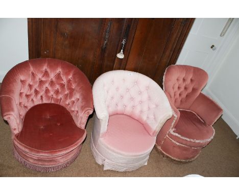 Three Victorian style early 20th century button backed circular tub chairs, the largest 80cm H, 66cm W, 60cm D 