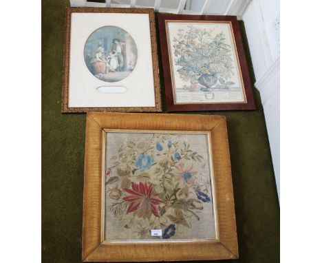 A Victorian woolwork depicting flowers in a maple frame, 55cm H, 56cm W, together with a mezzotint entitled Night, 52cm H, 40