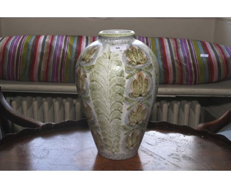 A large Denby style baluster shaped vase. Hand painted decoration, 35cm H. Condition Report: Overall in good condition. Some 