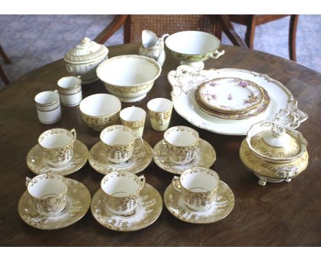 A quantity of Georgian and Victorian gilt decorated ceramics.  Some with hand painted scenes, one marked Royal Worcester 'The
