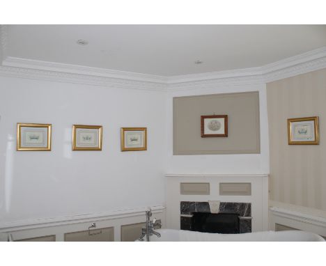 Four prints of bath tubs and a birds eye maple framed print, each 27cm x 32cm