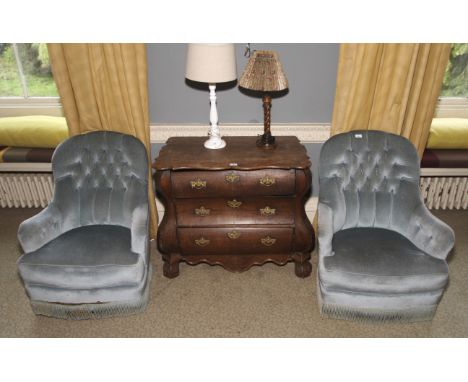 A pair of 20th century Victorian style button back aqua coloured velvet upholstered chairs. Each 81cm H, 68cm W, 60cm D 
