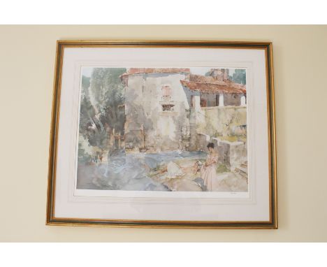 After Russell Flint, limited edition coloured print, 581/850, Spanish Girls by a Water Mill with blind stamp