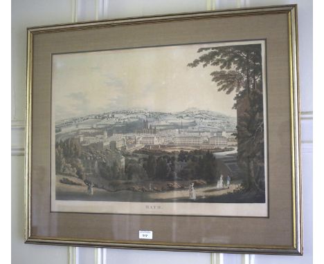A topographical print, hand coloured, view of Bath 1817. Framed and glazed, 65cm x 79cm. 