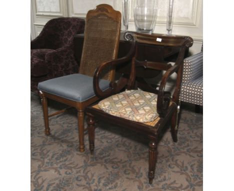 A Regency mahogany cane seated open armchair and a cane backed chair. The first 85cm H, 57cm W, 49cm D, with brass inlay toge