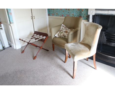 Two contemporary chairs to include an upholstered button back tub chair, 91cm H, 93cm W, and a single chair and a luggage sta