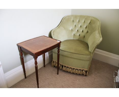 A 20th century cross banded mahogany occasional table, 51cm H, 35cm W, 42cm D, together with a green velvet upholstered butto