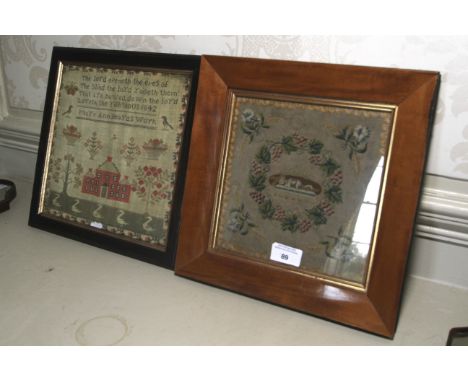 A needlework sampler of a dog within a fruit chaplet together with a print of an 1842 sampler. 30cm x 29cm. 