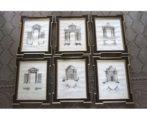 A set of six gilt and black Kent framed architectural engravings.
