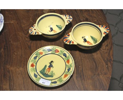 A plate and two porringer like Quimper ceramic items.