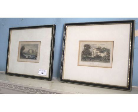 A pair of hand coloured steel engravings and a burr walnut framed print of a sampler. Engravings showing Brougham Hall and Br