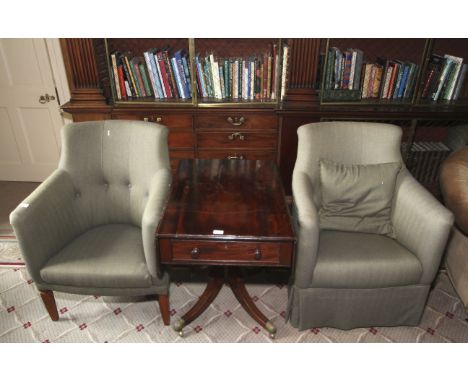 A pair of 20th century button back upholstered tub chairs. With herringbone upholstery, 93cm H, 69cm W, 60cm D. 