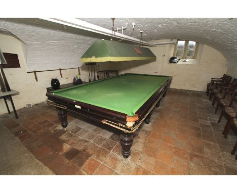 Burrough & Watts Limited full size mahogany eight leg snooker table, 89cm H, 385cm L, 206cm W, patent Burrwat steel vacuum cu