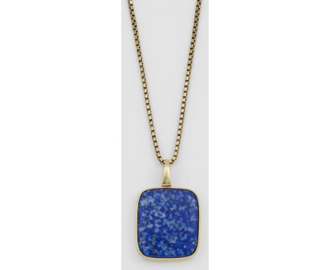 Gelbgold, gest 585. Zentral besetzt mit einem royalblauen Lapislazuli, in korrespondierender Fassung, an langer Milanese-Kett