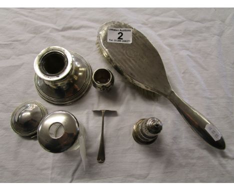 Collection of silver to include brush & candle stick