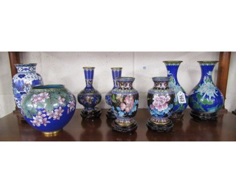 Shelf of cloisonné to include 3 pairs of vases