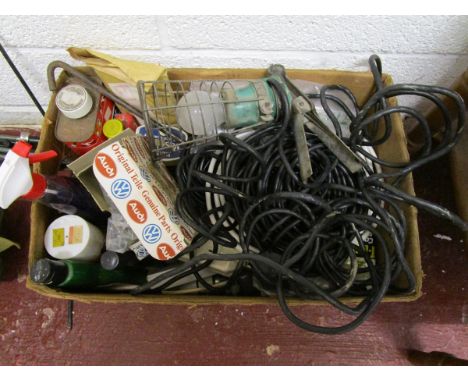 Box of car tools etc to include vintage Briticent Gripper inspection lamp