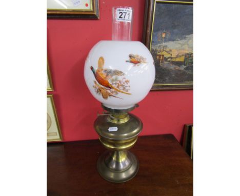Brass oil lamp with pheasant themed shade