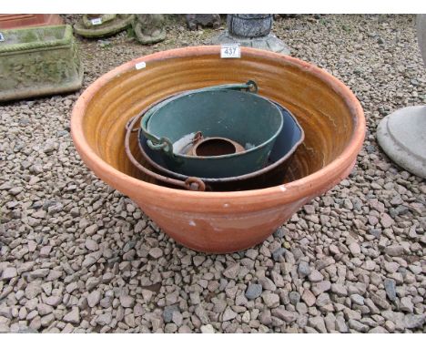 Terracotta planter & 3 metalware buckets