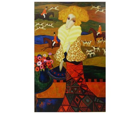 Serguei Smirnov, Russian (1954 - 2006) Giclee on Canvas, Young Beauty at Hunting Scene, Signed Lower Left. Measures 50-1/2" H