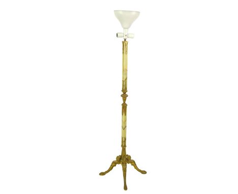 Antique French Art Deco Onyx and Gilt Metal Floor Lamp. Square form with gilt accents, figures flanked at the base with paw f