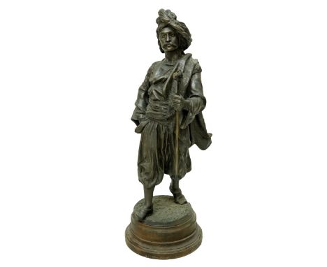 After: Charles Perron French (1862-1934) French Metal Sculpture "Cavalier". Signed. Measures 28" H. Condition: Wear, rubbing.