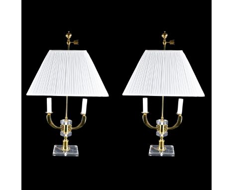 Pair Retro Lucite and Brass Two Light Candelabra Style Table Lamps. Unsigned. Measures 34" H overall, width of base is 12". S