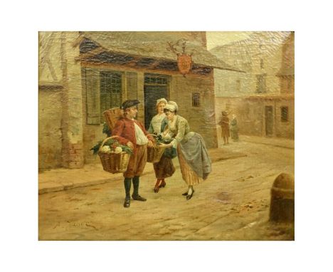 19/20th Century Oil On Canvas "Fruit And Flower Seller". Signed lower left A. Janoc??. Measures 21-1/4" x 25-3/4", frame meas
