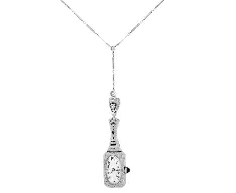 Edwardian Circa 1910 Approx. 4.50 Carat Old European Cut Diamond and Platinum Pendant Watch Necklace with Cabochon Sapphire C