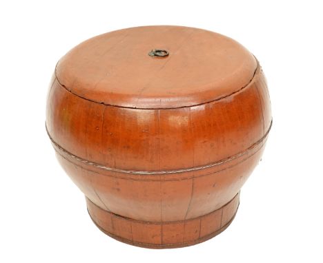 Antique Chinese Lacquered Wood Rice / Grain Barrel with Cover. Export seal to side. Measures 14-1/2" H, 18" diameter. Conditi