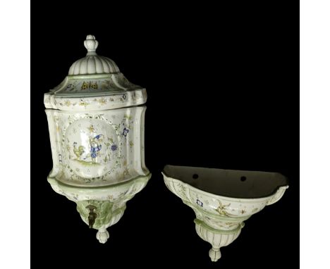 Vintage Spanish Ceramic Lavabo Wall Decoration. Hand Painted. Signed CASES Hecho En Espagna. Top piece (tank) with cover meas
