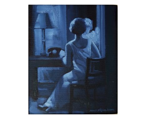 Sarah Stifler Lucas, American (20th Century) Oil on Canvas, Blue Boudoir, Signed Lower Right. Inscribed en verso. Canvas meas