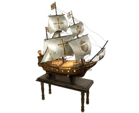 Antique Large Lighted Wood, Copper and Aluminum Spanish Galleon Model on Custom Wood Stand. Comprised mainly of hand hammered
