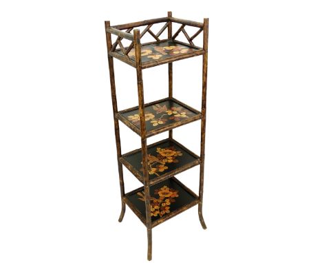 Vintage Chinese Bamboo 4 Tiered Hand Painted Etagere. Bird and flower motif on each shelf. Measures 53-1/4" H x 17-7/8" W x 1