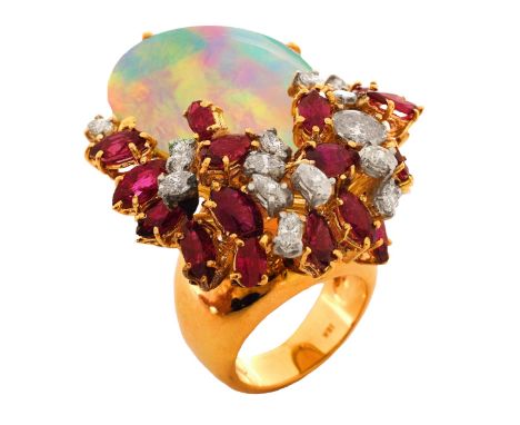 Vintage Large White Opal, Marquise Cut Ruby, Oval Cut Diamond and 18 Karat Yellow Gold Cluster Ring. Stamped 18K. Opal measur