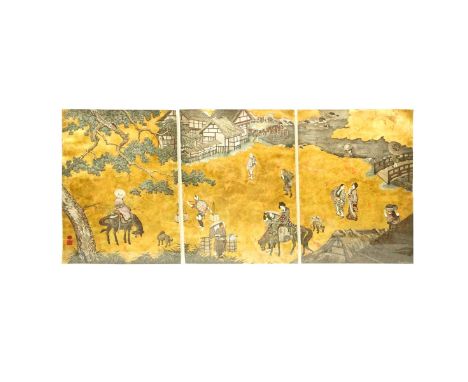 Large 19/20th Century Chinese Mixed Media Triptych On Paper with Gold Leaf, Village Scene with Figures and Distinguished Cott