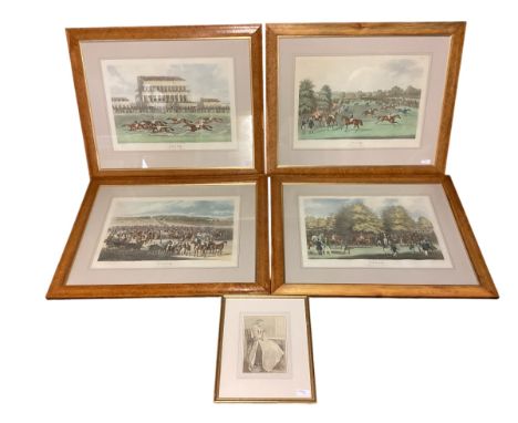 A set of four framed and glazed horse racing prints, Epsom, some wear to the frames, 35 x 50cm ; and a framed and glazed etch