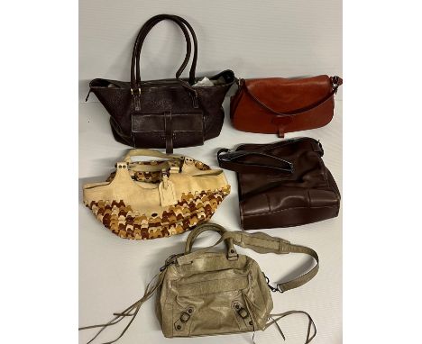 5 leather handbags. PRADA tan leather shoulder, slight wear and couple of stains. BALENCIGA Paris 224001001013 small leather 