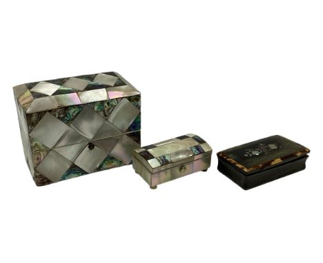 A mother of pearl and abalone shell dressing table double scent bottle case together with a similar small velvet lined casket