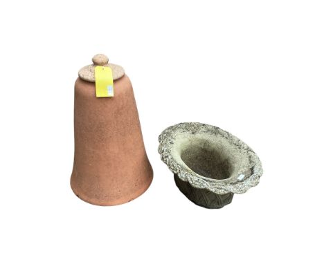 Two garden items: A rubarb forcer - terracotta pot with lid, 62cm H (some chips), and a reconstituted planter, some wear, see