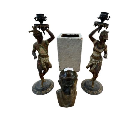 Two cold painted spelter figures , a hardstone African bust and a square ceramic vase.