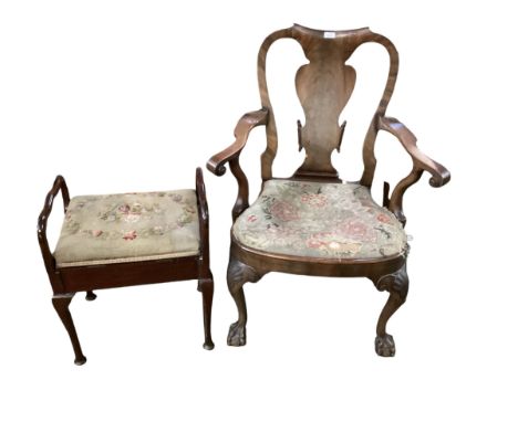 Queen Anne style walnut armchair to ball and claw feet, drop in tapestry seat 100 cm H x 75 cm W and a piano stool with uphol